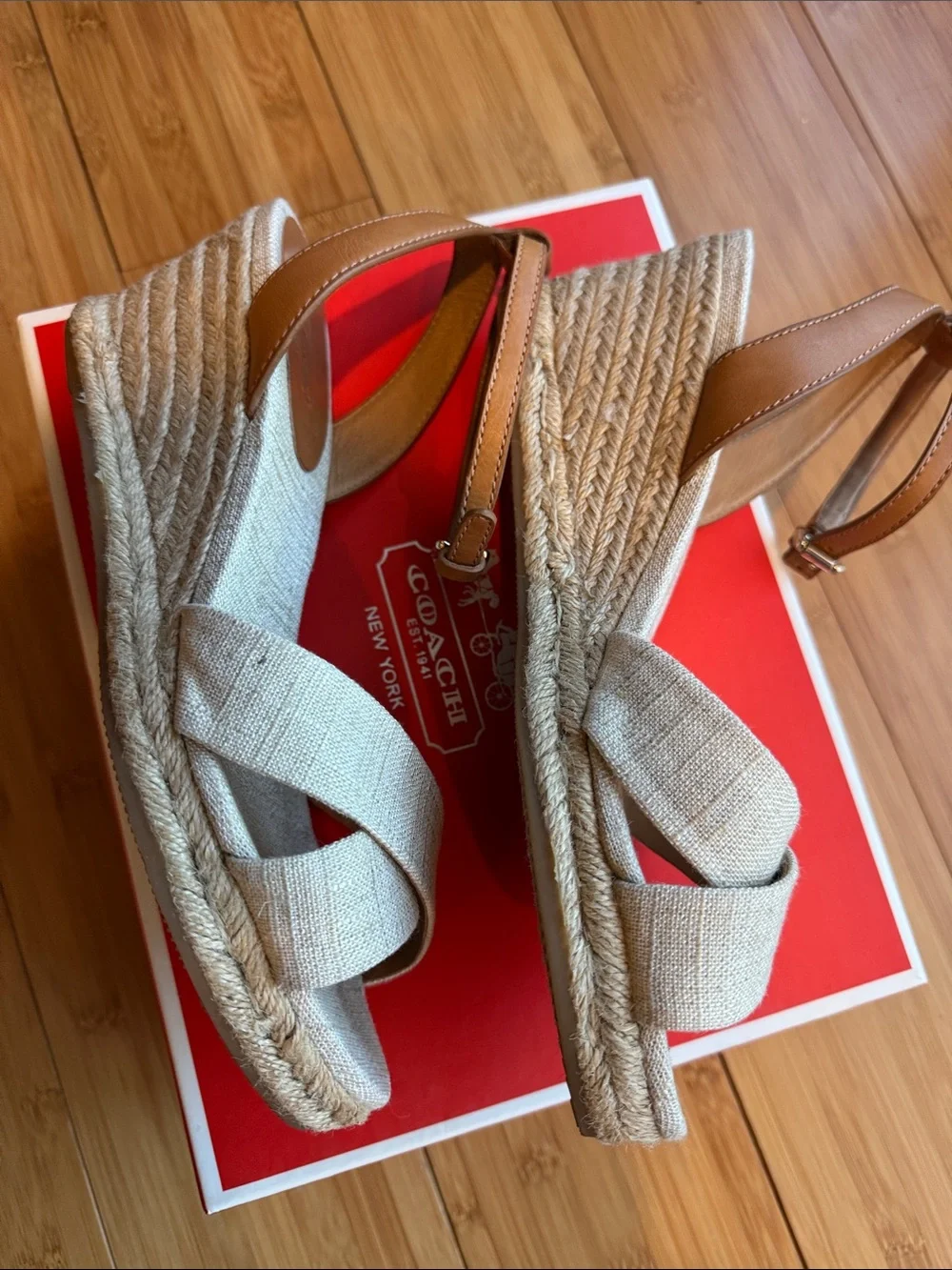 Coach Neutral Linen Espadrille Wedges with Brown Leather Ankle Straps